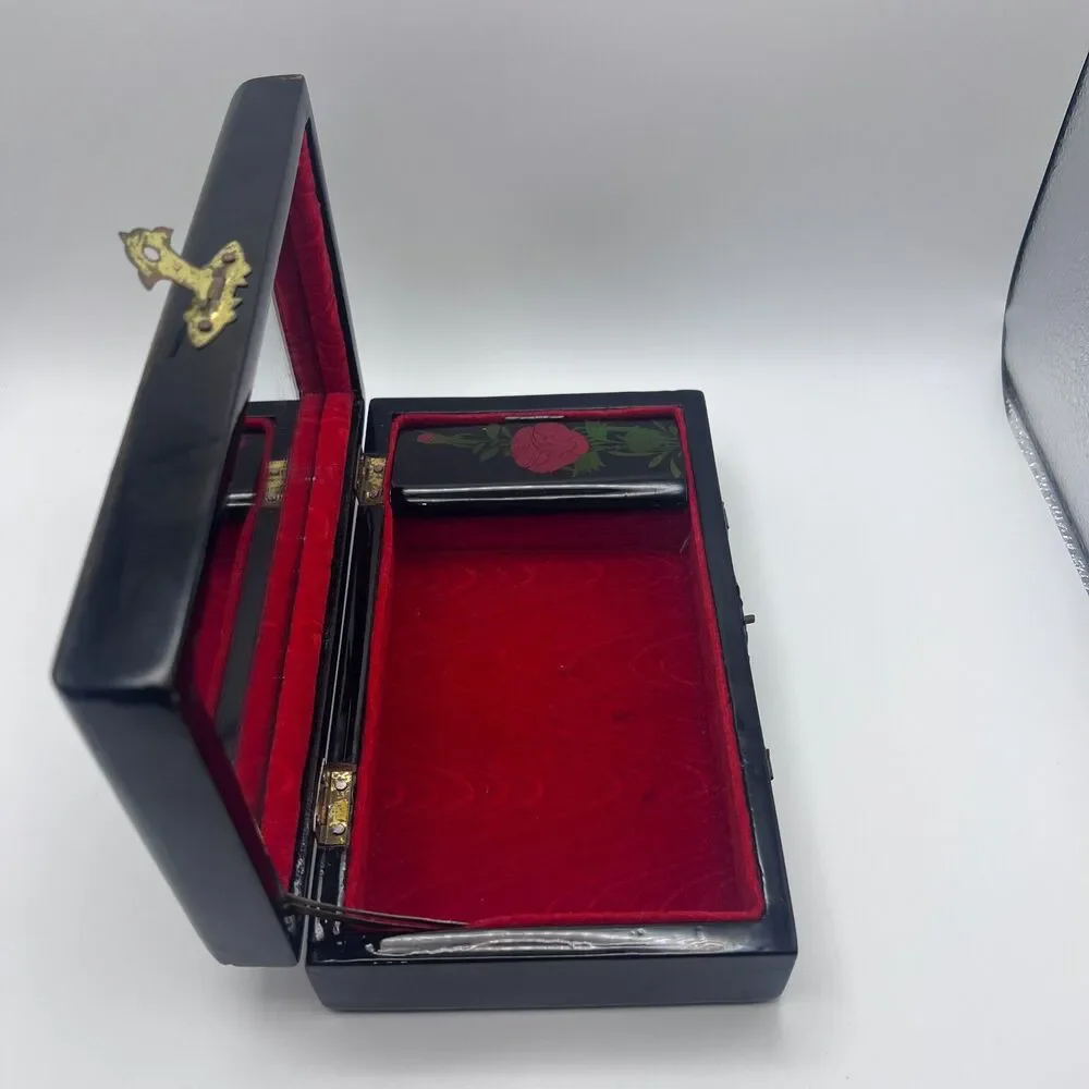 Vintage Asian Black Lacquer Jewelry Box, Inlaid Mother of Pearl Geisha Girls Box